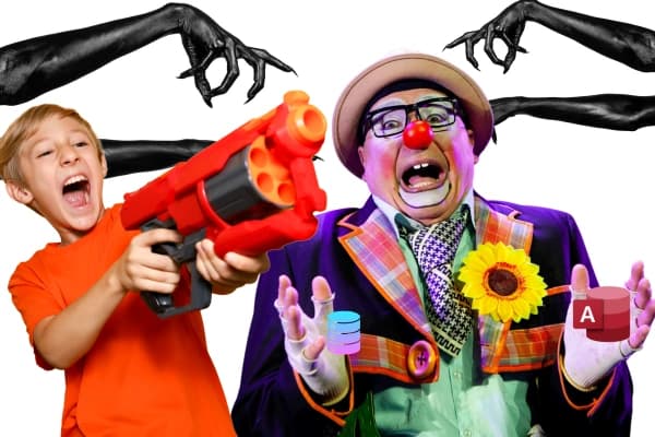 child using nerf gun on a clown